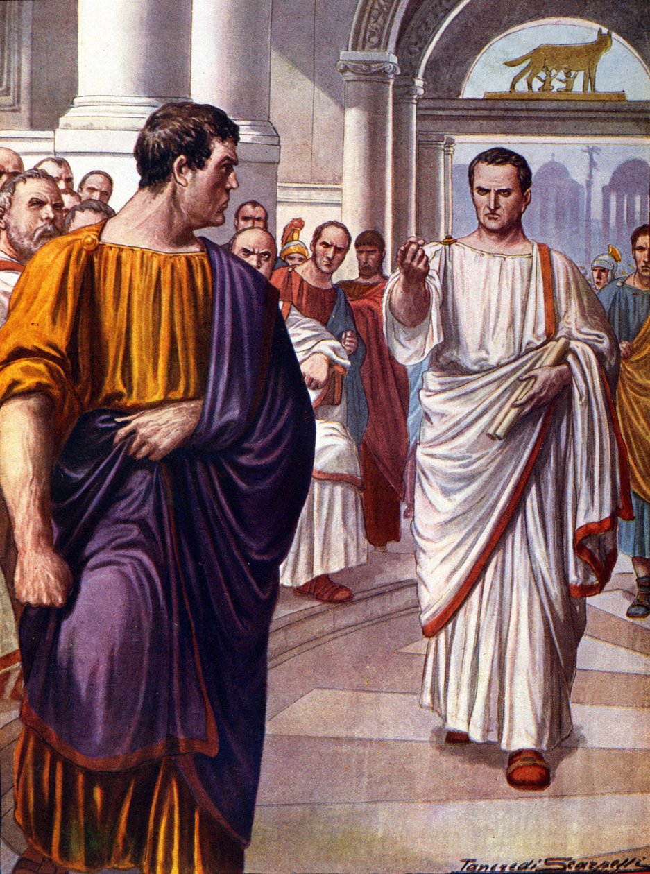 A római államférfi, Ciceron (Marcus Tullius Cicero) (Kr. e. 106-43) keresztezi Catilina (Lucius Sergius Catilina) (Kr. e. 108-62) összeesküvőt, akit Kr.e. 63-ban a katilináriusok beszédei során feljelent. Illusztráció: Tancredi Scarpelli (1866-1937) alkotó: Tancredi Scarpelli