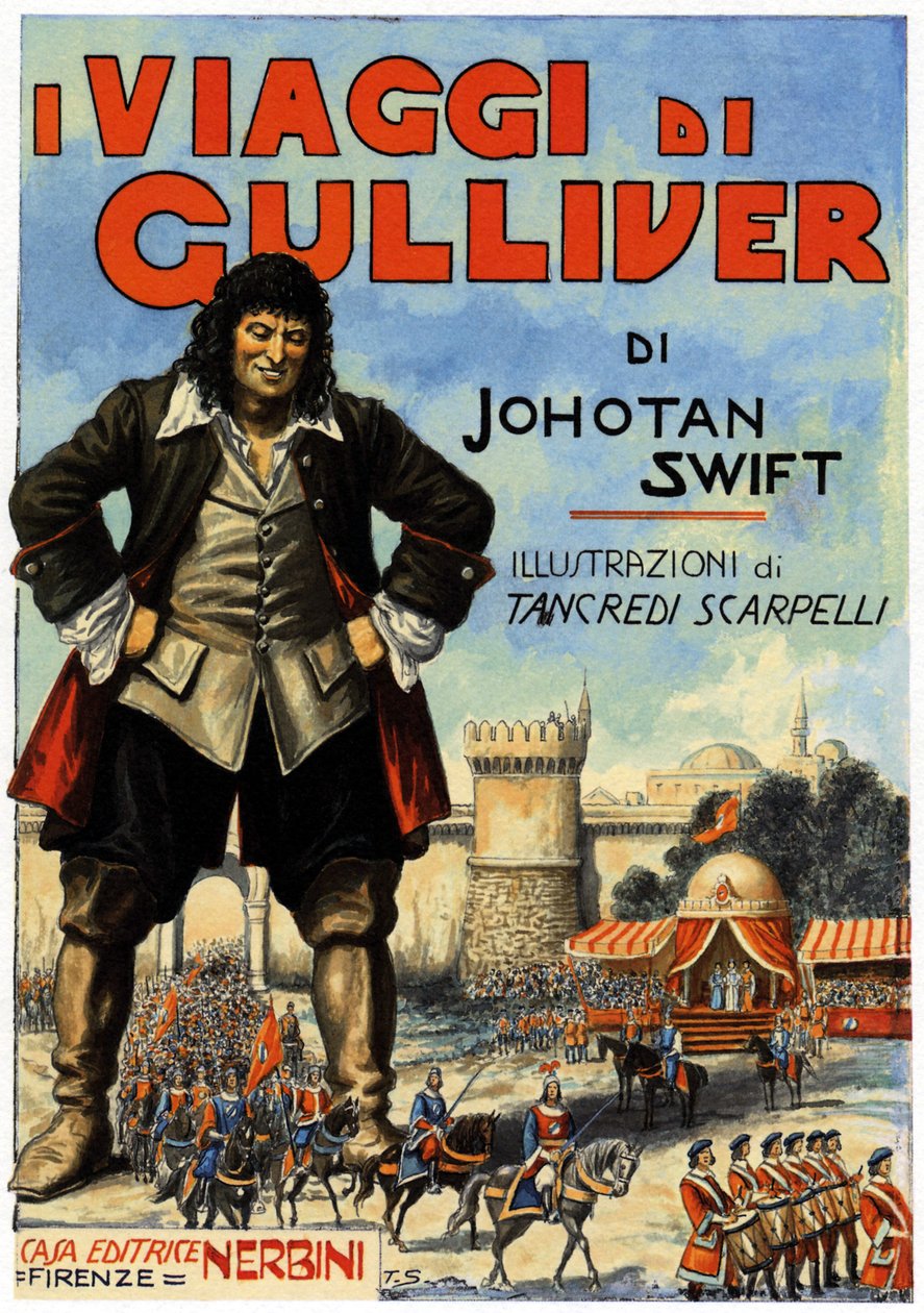 Gulliver utazása - Jonathan Swift (1667 - 1745) egyik kiadásának borítója. Editions Nerbini, Firenze.Olaszország (nyomtatás) alkotó: Tancredi Scarpelli