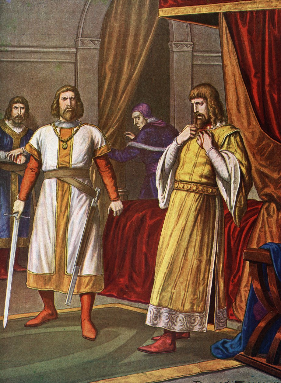 Fülöp sváb herceg (1177-1208) meggyilkolása 1208. június 21-én Bambergben Otton de Wittelsbach bavierei gróf nádor által (Sváb Fülöp (Philipp von Schwaben) meggyilkolása Bambergben, Otto gróf 1208. június 21-én Wittelsbach VIII) I alkotó: Tancredi Scarpelli