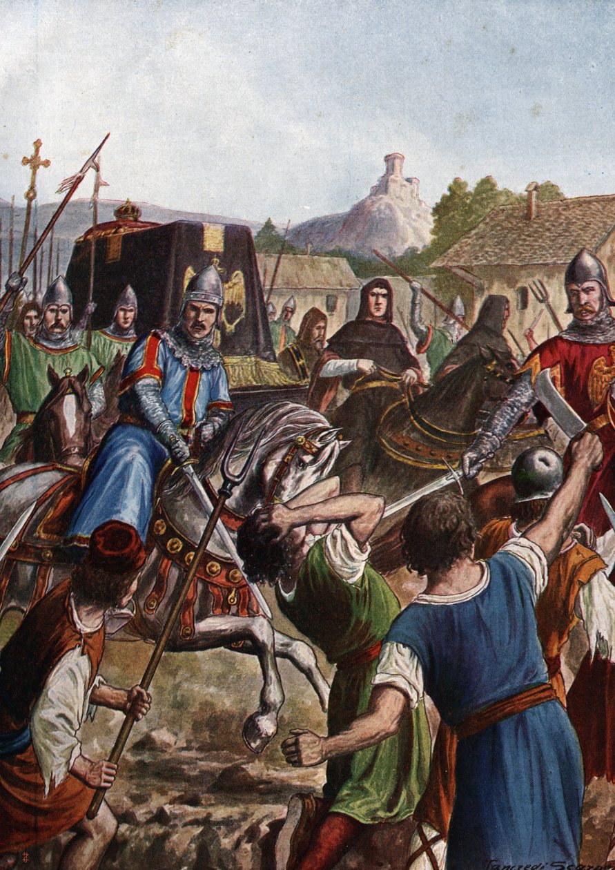 A Szent Birodalom III. Otton (Othon) császárának (980-1002) temetkezési csoportja a maradványokat Olaszországon keresztül Aachen felé viszi, ahol a lázadó lakosság ellen harcol (III. Ottó római római császár koporsója, áthaladva az itáliai tömegeken alkotó: Tancredi Scarpelli