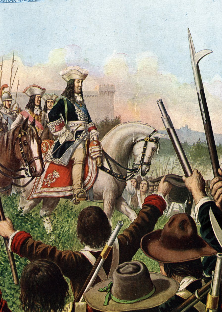 Spanyol örökösödési háború: II. Savoyai Vittorio Amedeo (Victor Amedee) herceg (1666-1732) hadat üzent Franciaországnak, 1703-ban Ausztriával szövetkezett” (War of the Spanyol örökösödési háború: II. Victor Amadeus of Sardinia hadat üzen Franciaországnak,  alkotó: Tancredi Scarpelli