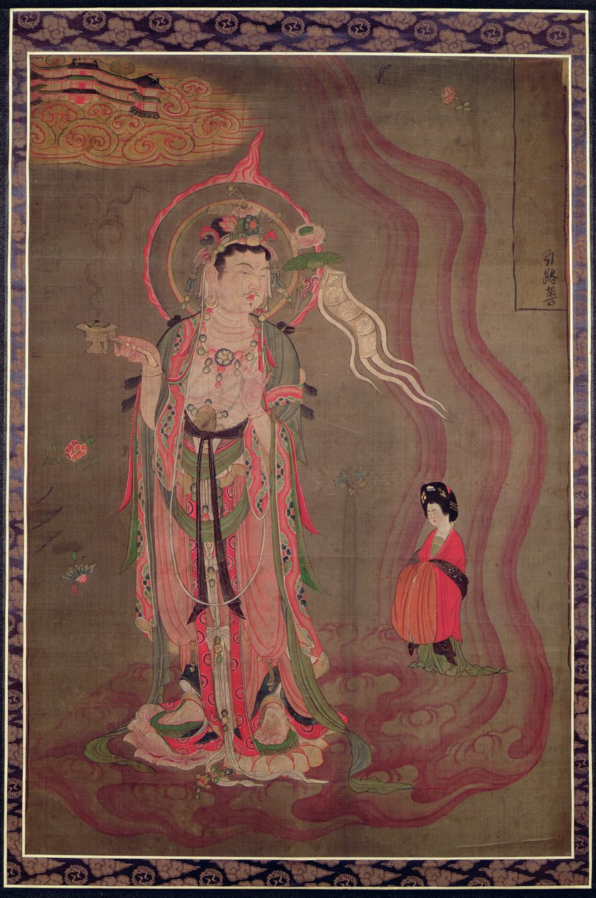 Bódhiszattva, aki egy hölgyet vezet a Tiszta Földre, 851-900 körül (tinta és színek selyemen) alkotó: Tang Dynasty Chinese School