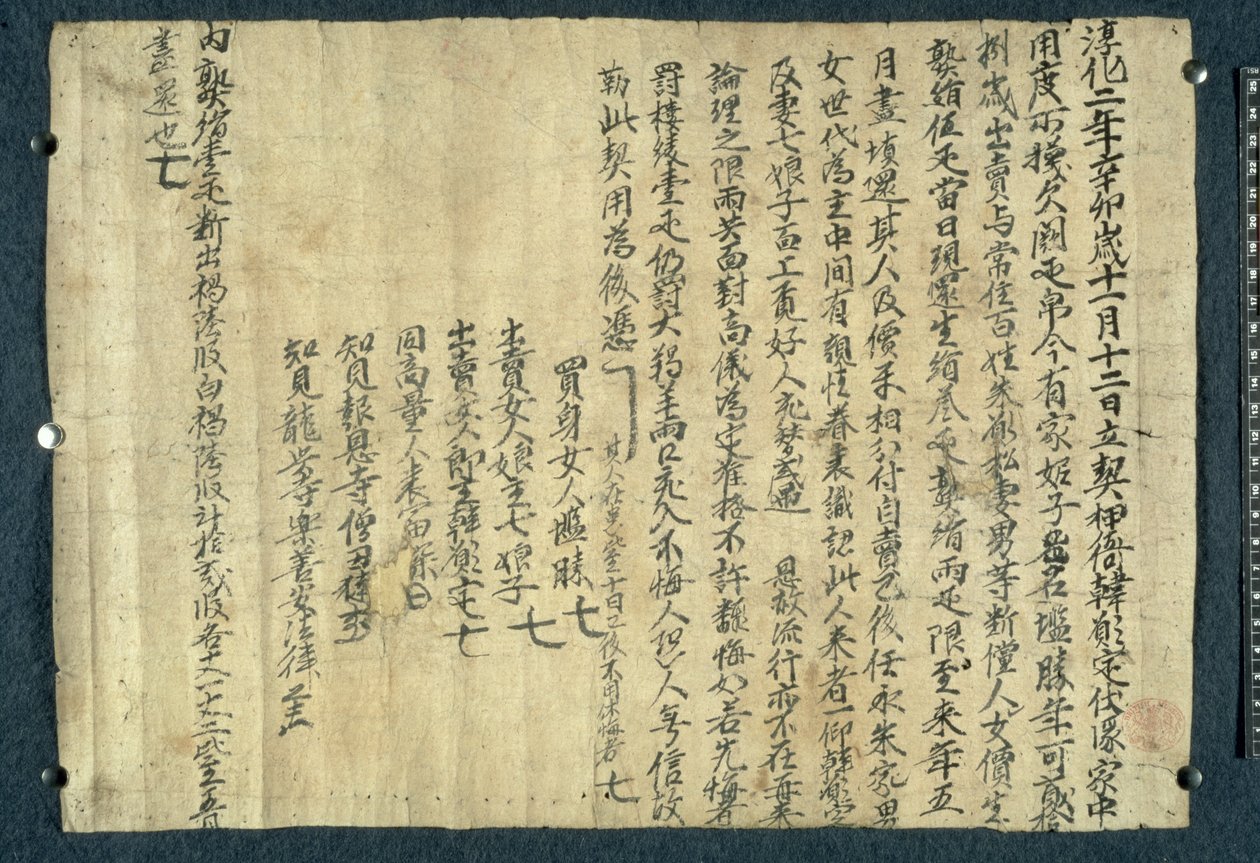 BL.Stein Roll 8820032 „A világ tíz királya” („Shi Wang Jing Tu”), egy oldal egy szútrából (egy Buddha beszéde) Dunhuang (tinta pergamenen) alkotó: Tang Dynasty Chinese School