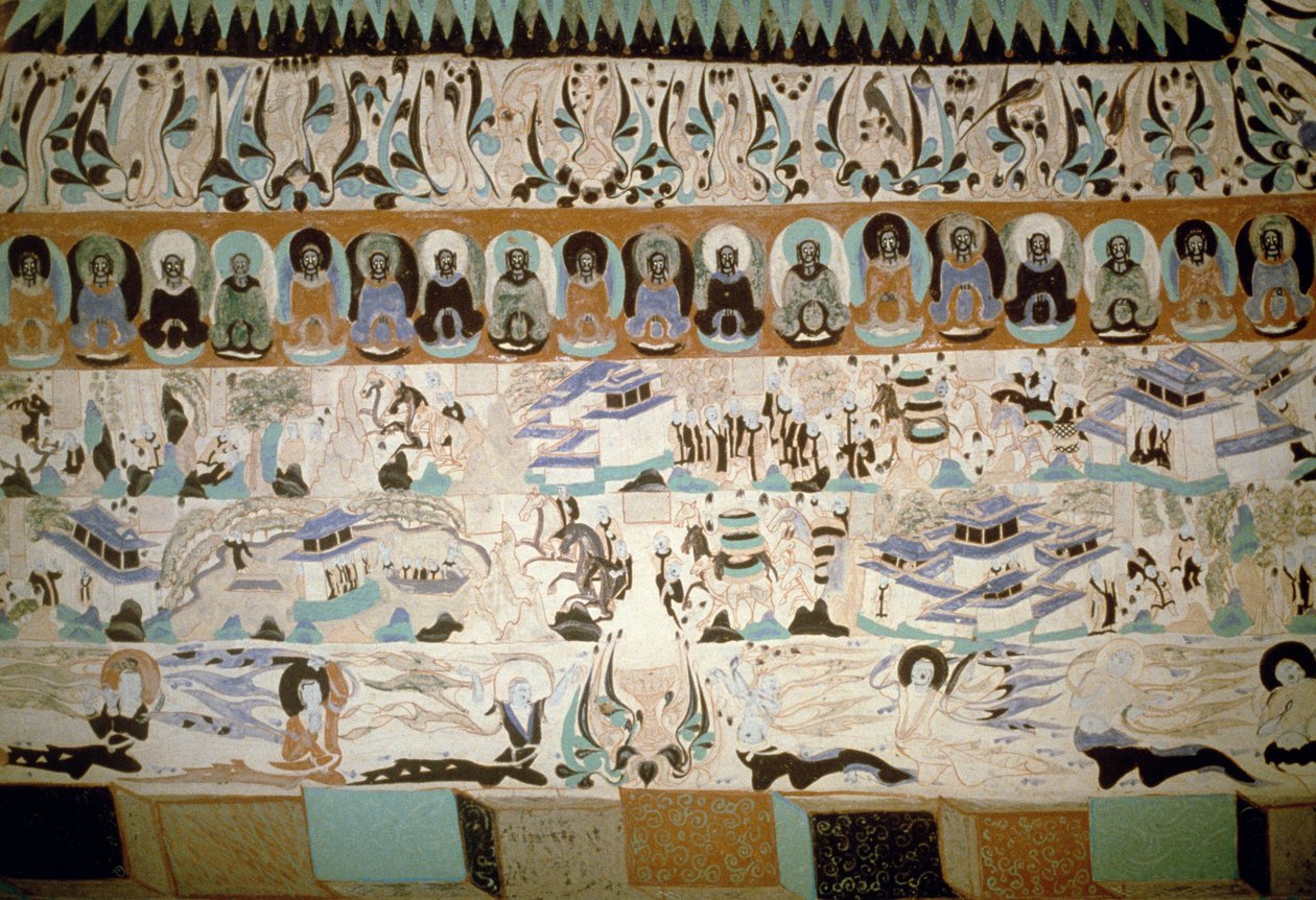Buddha és a mindennapi élet jelenetei, freskó a Tang-dinasztia idejéből, Kína, 7-10. alkotó: Tang Dynasty Chinese School