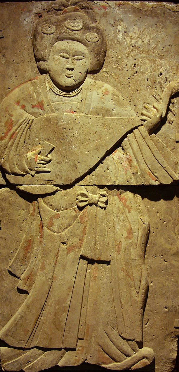 Terrakotta sztélét a Tang-dinasztia zenészével (618-907) fedeztek fel Shaanxi tartományban, a Steles Erdei Múzeumban Xianban. Fényképészet, Leonard de Selva, Kína, 2006. alkotó: Tang Dynasty Chinese School
