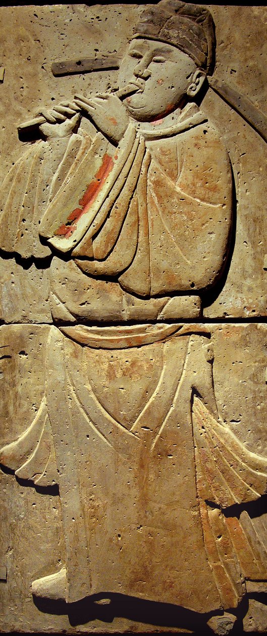Terrakotta sztélét a Tang-dinasztia zenészével (618-907) fedeztek fel Shaanxi tartományban, a Steles Erdei Múzeumban Xianban. Fényképészet, Leonard de Selva, Kína, 2006. alkotó: Tang Dynasty Chinese School