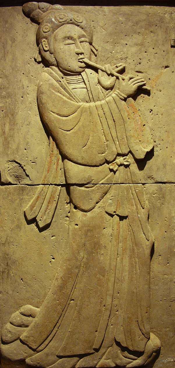 Terrakotta sztélét a Tang-dinasztia (618-907) zenészével fedeztek fel Shaanxi tartományban, a Steles Erdészeti Múzeumban Xianban. Fényképészet, Leonard de Selva, Kína, 2006. alkotó: Tang Dynasty Chinese School