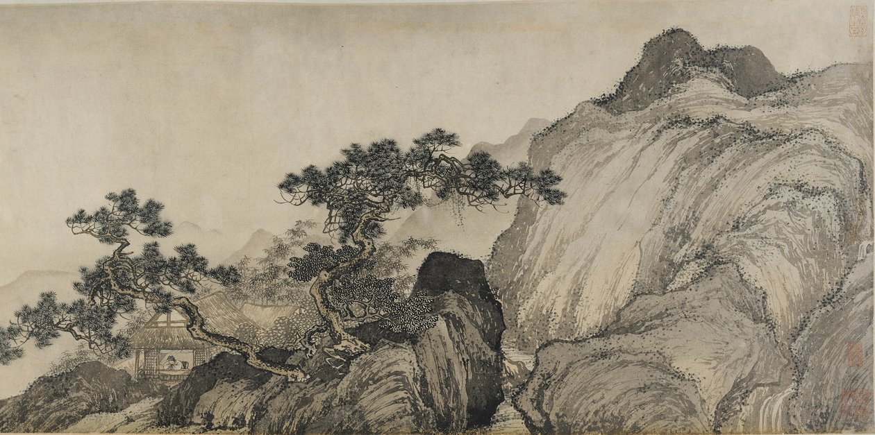 Egy halhatatlanról álmodozó nádfedeles kunyhó, a Ming-dinasztia (tinta és szín a papíron) alkotó: Yin Tang