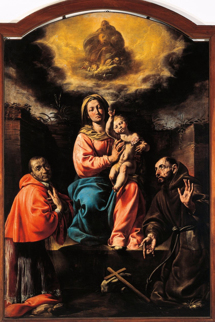 Olaszország, Varallo, Madonna és Gyermek festménye Szent Ferenccel és Szent Károllyal alkotó: Tanzio da Varallo