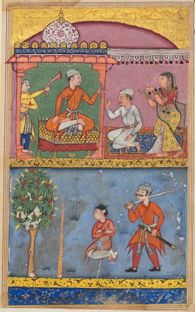 Oldal a Papagáj meséiből Tuti-nama: Nyolcadik éjszaka: A szolgálólány fellebbez..., c. 1560. alkotó: Tara Chand
