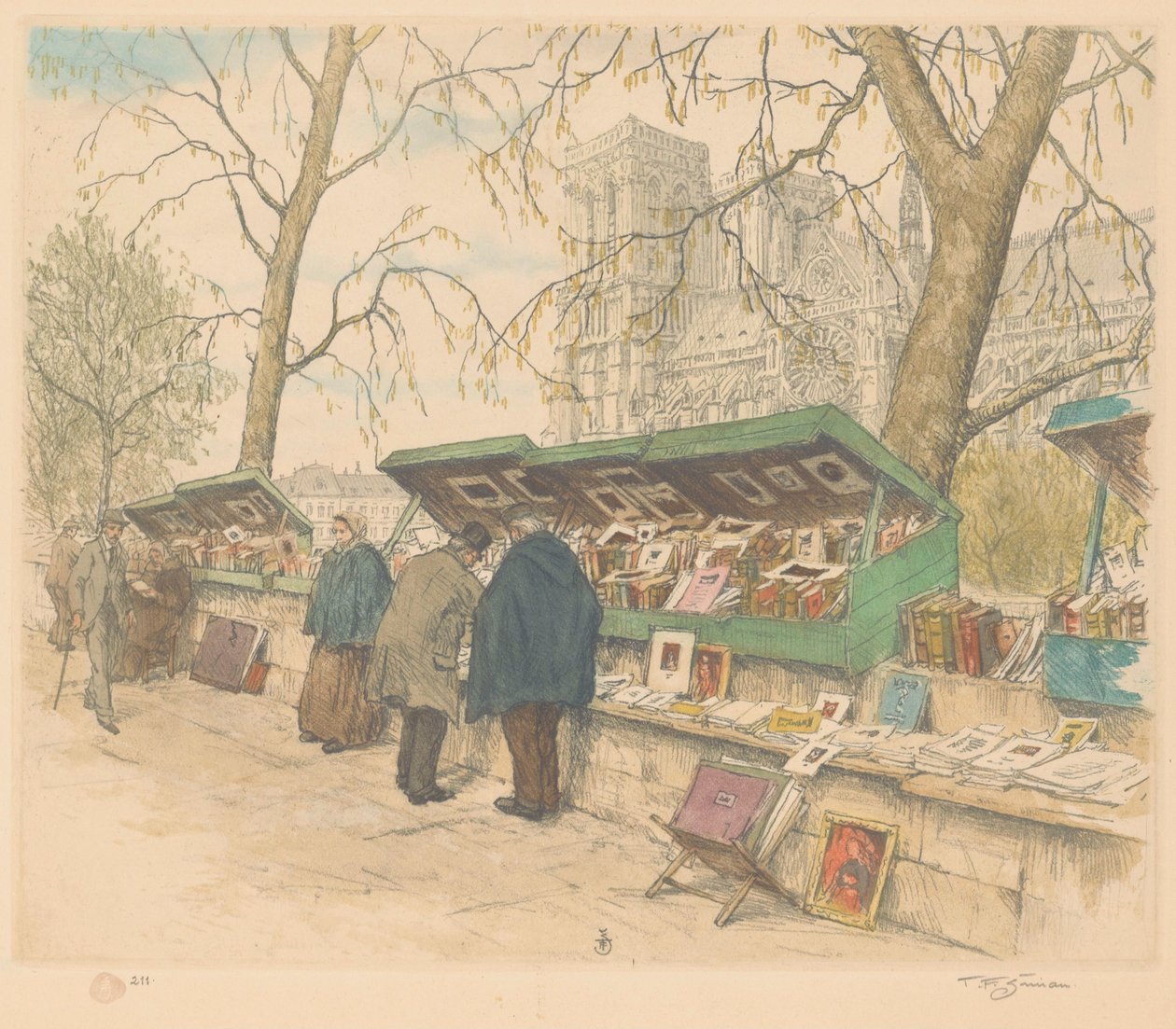 Könyves standok a Quai de Montebello-n, a Notre-Dame a háttérben alkotó: Tavík František Šimon (signed by artist)