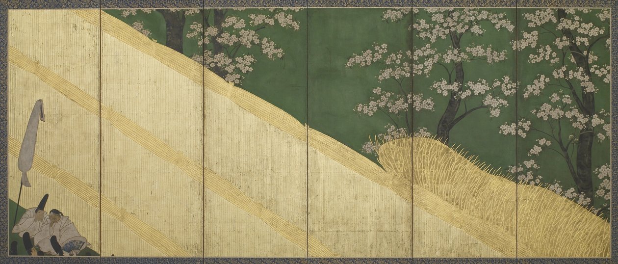 Cseresznyevirágok, magas kerítés és őrök, Edo-korszak, 1590-1640 (színes és arany, papír) alkotó: Tawaraya Sotatsu