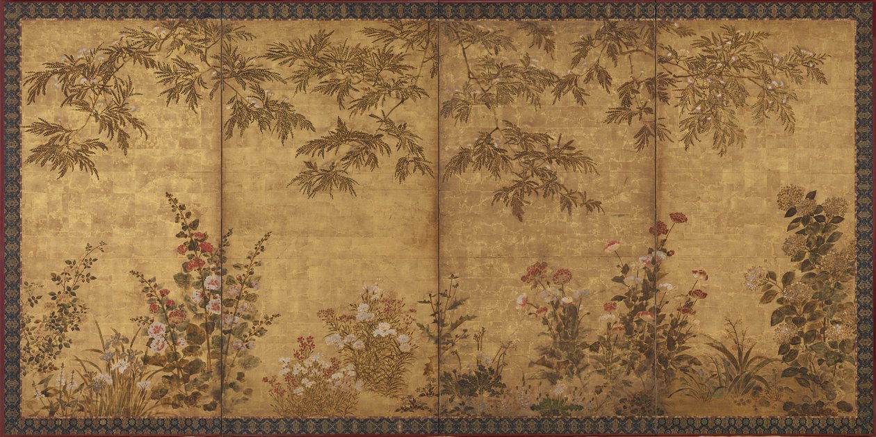 Mimóza fa, mák és egyéb nyári virágok, Edo időszak, 1630-1670. alkotó: Tawaraya Sosetsu
