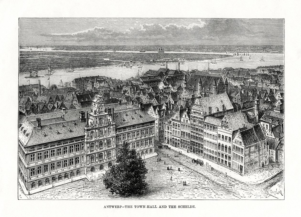 Városháza és Schelde folyó, Antwerpen, Belgium, 1879 alkotó: Taylor