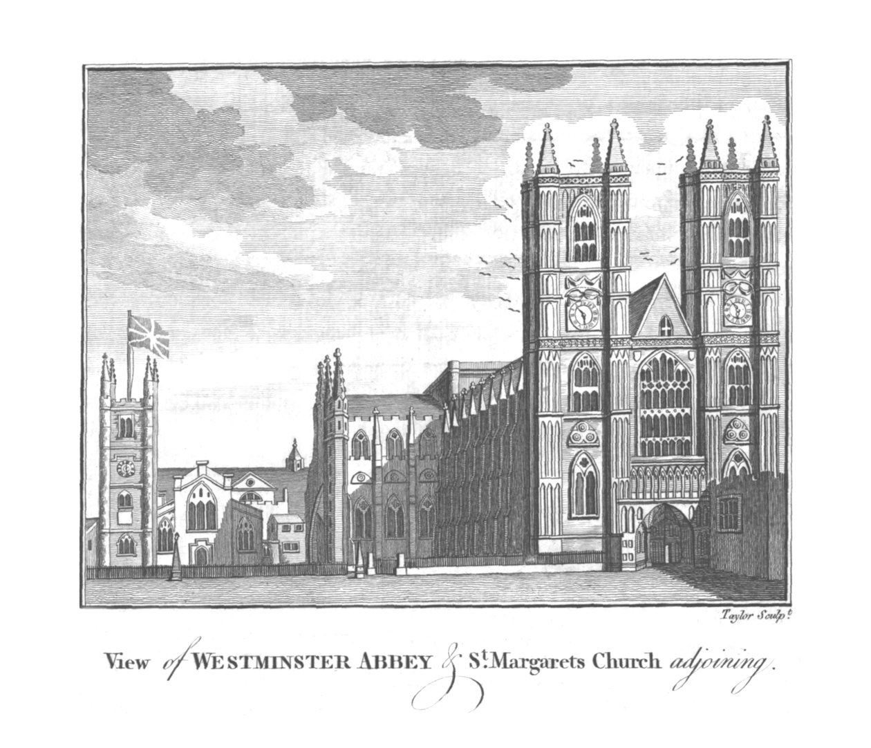 Kilátás a Westminster Abbey-re és a szomszédos St. Margarets-templomra, 18. század vége – 19. század eleje alkotó: Taylor