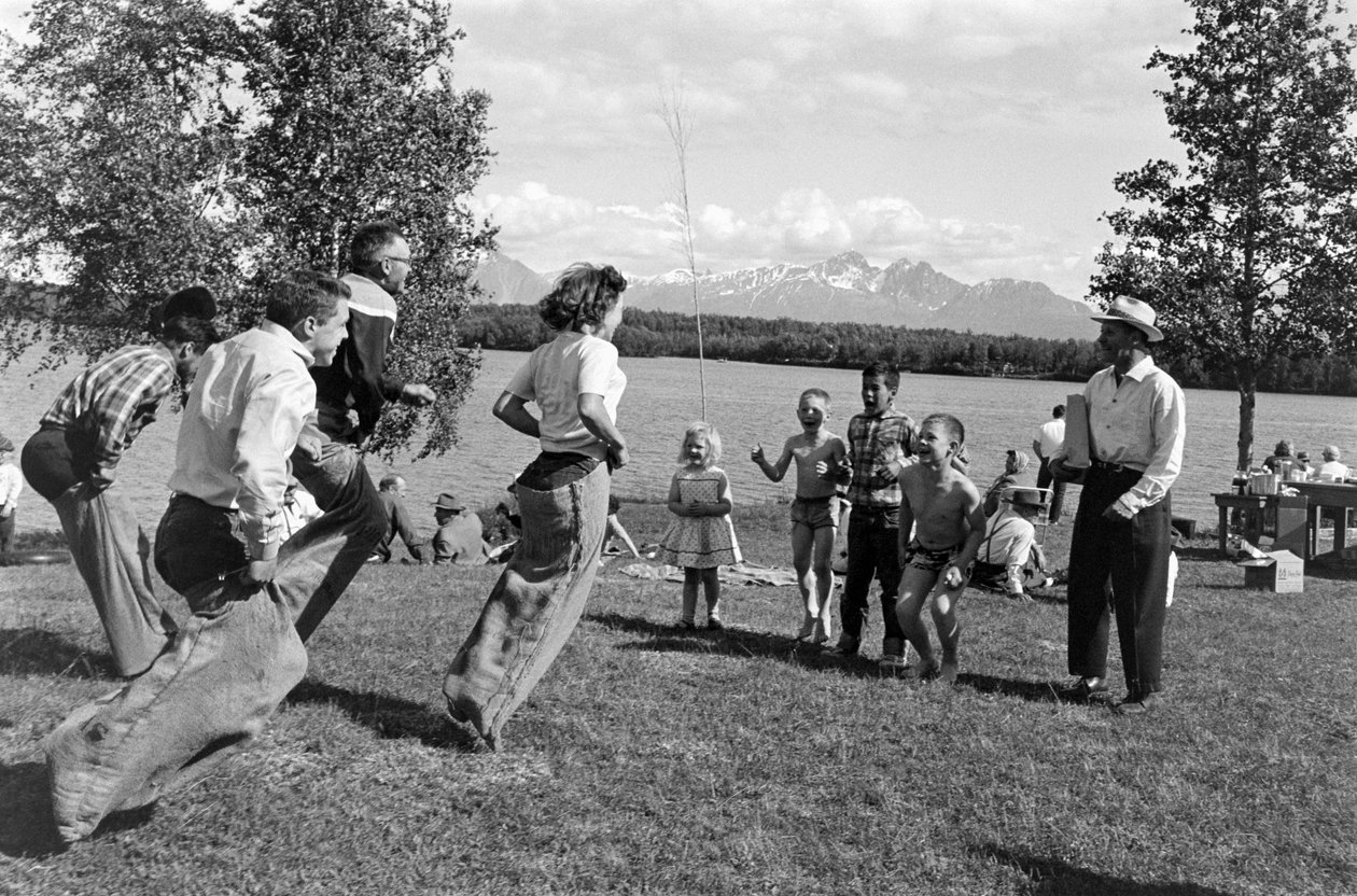 Játékok a Matanuska-folyó melletti piknikezés közben Palmerben, Alaszkában alkotó: Ted Spiegel