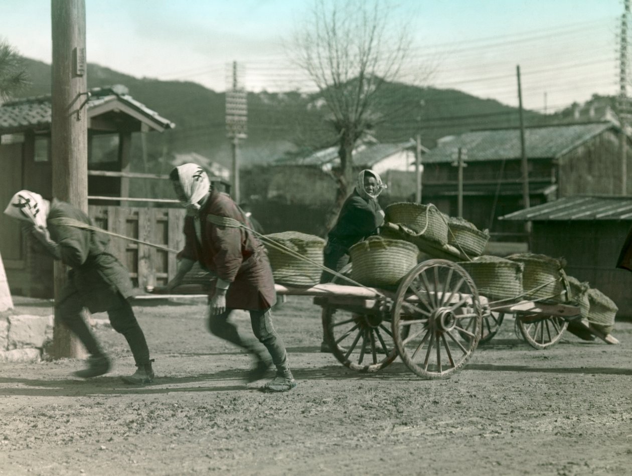 Japán parasztok rizses zsákokat húznak egy szekéren, 1900 körül - 1915 (fénykép) alkotó: Teijiro Takagi