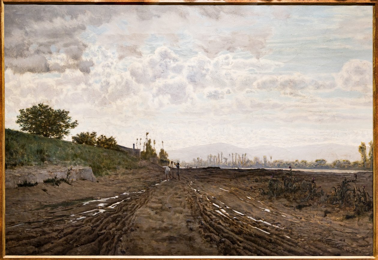 Reggel az Arno folyó mentén. Homokásók az Arno mentén, 1868 körül (olaj, vászon) alkotó: Telemaco Signorini