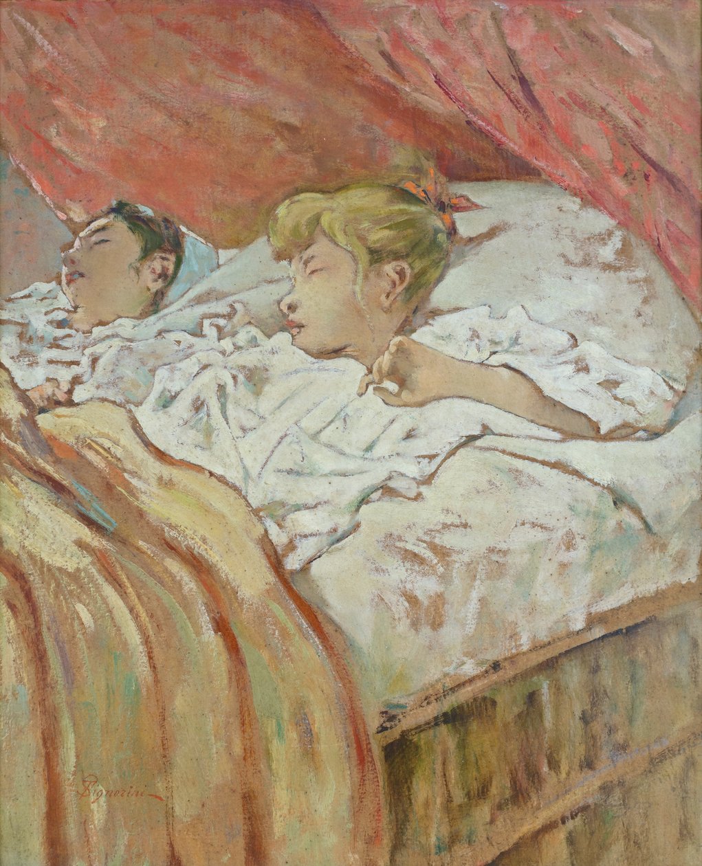 Álmában elkapott gyerekek, Telemaco Signorini (olaj, karton) alkotó: Telemaco Signorini