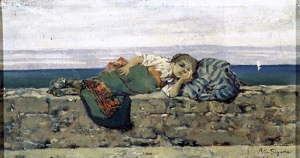 Parasztlány fekszik a parapeten alkotó: Telemaco Signorini