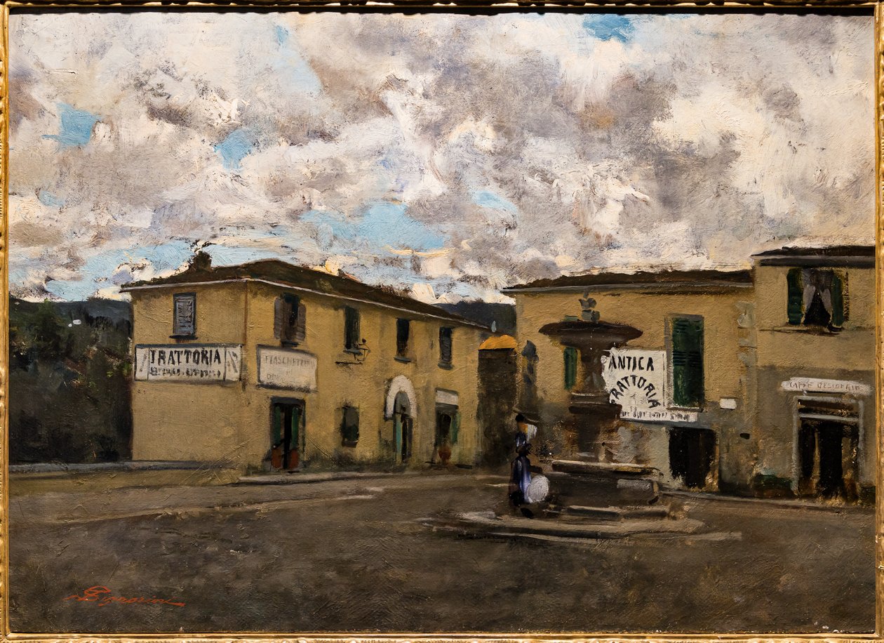 A settignanoi Kis tér egy esős napon, 1861 körül (olaj, vászon) alkotó: Telemaco Signorini