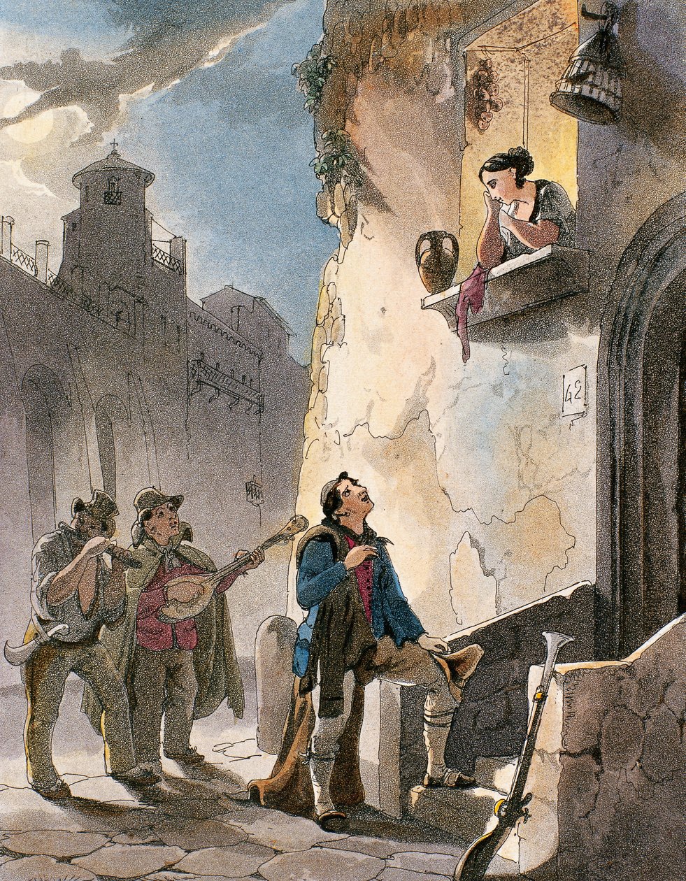 Szerenád, Achille Vianelli jelmezeinek és népszerű Nápolyi jeleneteinek illusztrációja, 1830 körül (akvatinta) alkotó: Teodoro Guglielmo Witting
