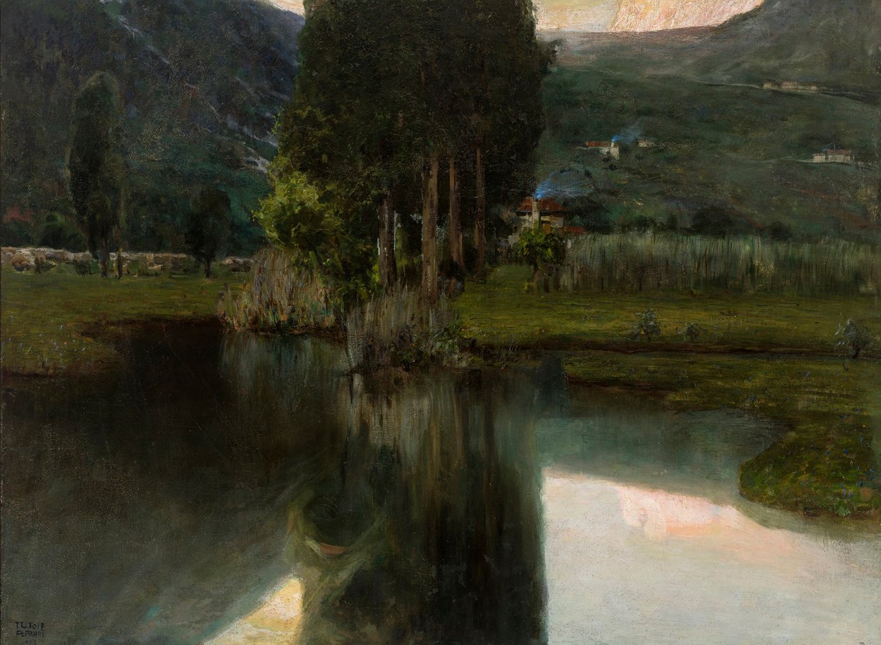 Tó ciprusokkal és házakkal, 1923. alkotó: Teodoro Wolf Ferrari