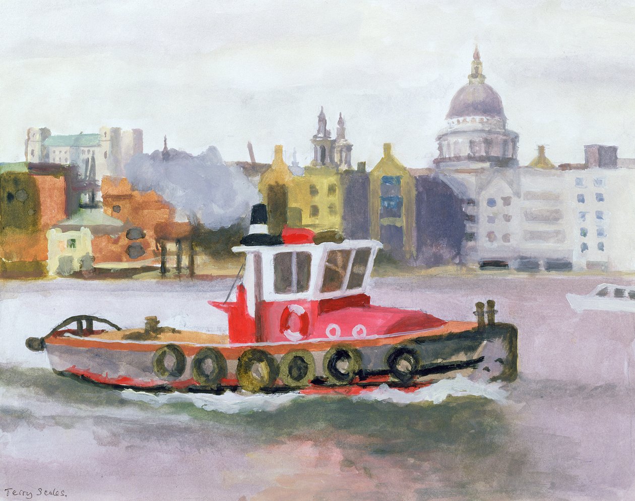 Vörös vontató a St. Pauls mellett, 1996 (wc és gouache, papír) alkotó: Terry Scales