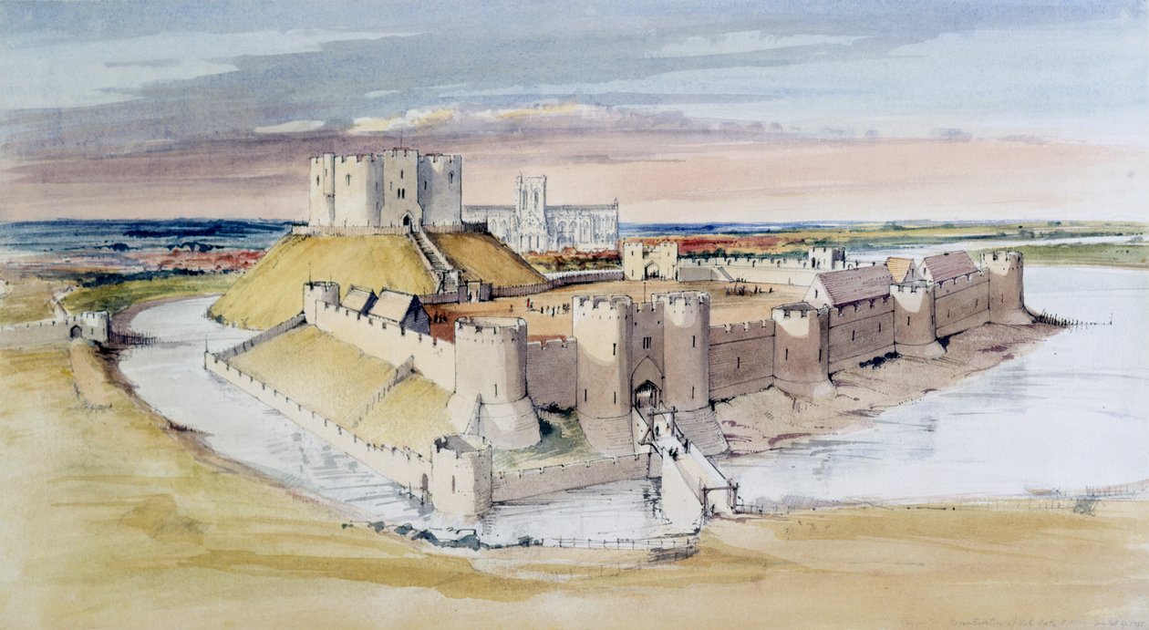 Illusztráció az észak-yorkshire-i York-kastélyról, ahogyan a 13. század végén lehetett, 1985 alkotó: Terry Ball