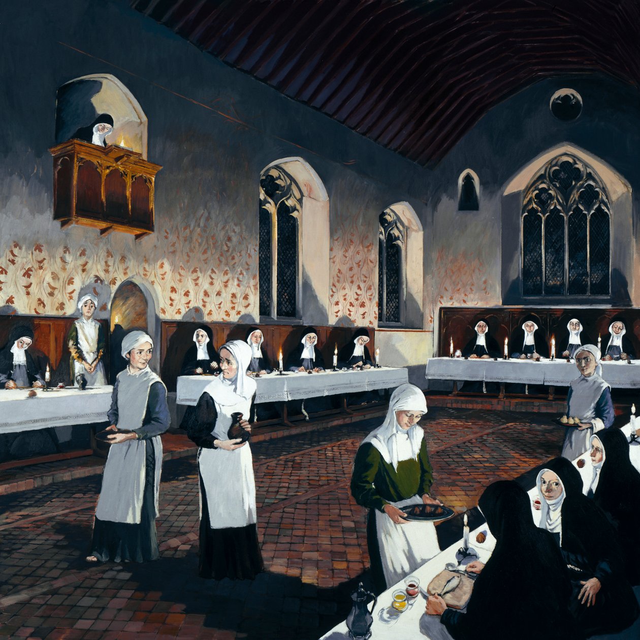 A refektórium rekonstrukciója a 15. században, Denny Abbey, Cambridgeshire, 1993 alkotó: Terry Ball
