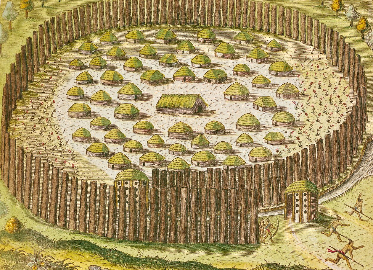 Megerősített indián falu, a "Brevis Narratio..."-ból, kiadta Theodore de Bry, 1591 (részleteket lásd 159355). alkotó: after Le Moyne, J.Bry
