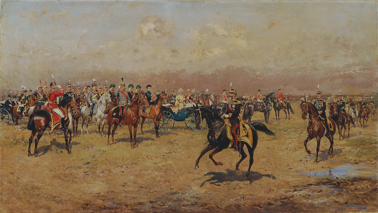 Katonai felvonulás I. Ferenc József császár előtt. alkotó: Thaddäus Ajdukiewicz