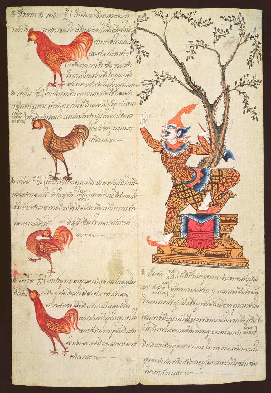 CBL Thi 1302 Két oldal a kakas évét illusztrálva, egy jóslási kézikönyvből, 1840 körül (toll, tinta és gouache khoi papíron) alkotó: Thai School