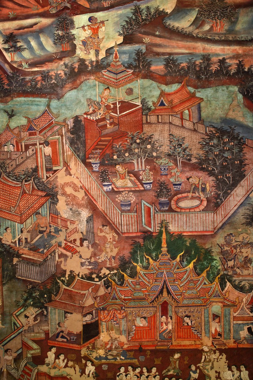 Részlet a Sang Thong Tales-t ábrázoló Viharn falfestményéről alkotó: Thai School
