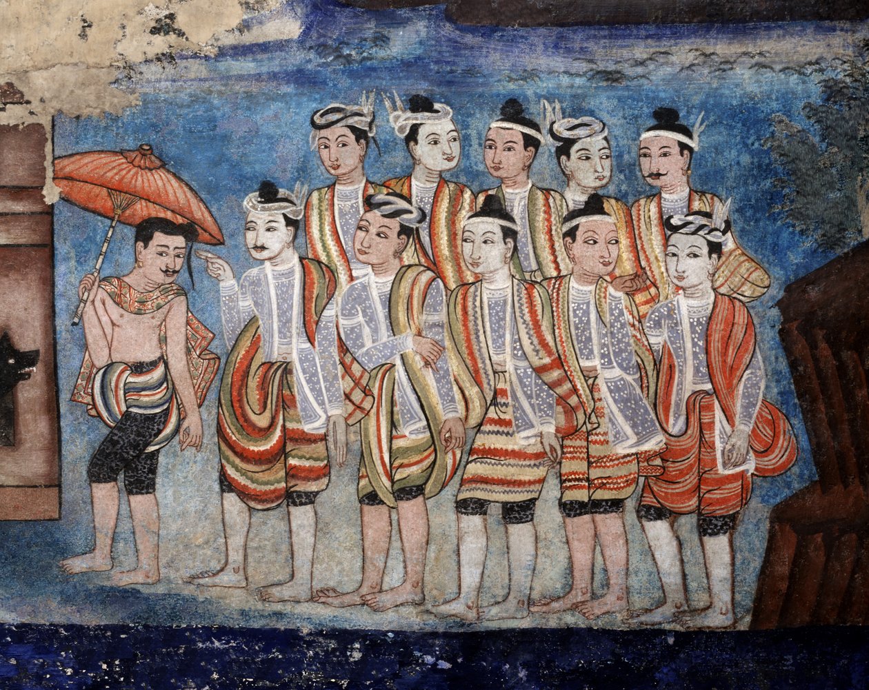 Thai yai (shan) férfiak egy csoportja, Viharn falfestményeinek részlete, amely a Sang Thong Tales-t ábrázolja (falfestmény) alkotó: Thai School