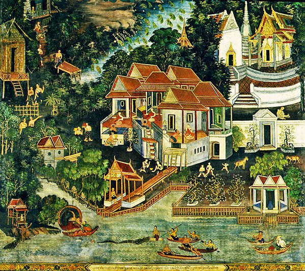 Krokodil vadászat, Wirharn Sasada, Wat Bowonniwet Vihara, Bangkok (freskó) alkotó: Thai School