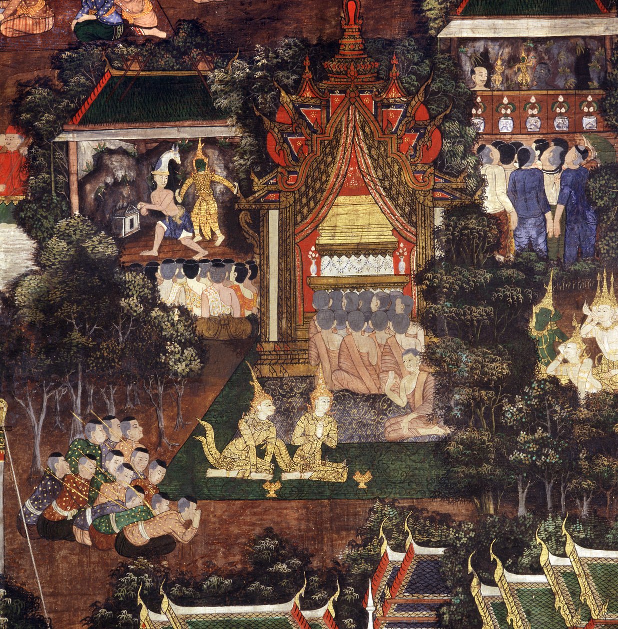 Színházi és bábelőadásokat néző tömeg Buddha temetése alkalmából, részlet Buddha halálából (festett ruha) alkotó: Thai School