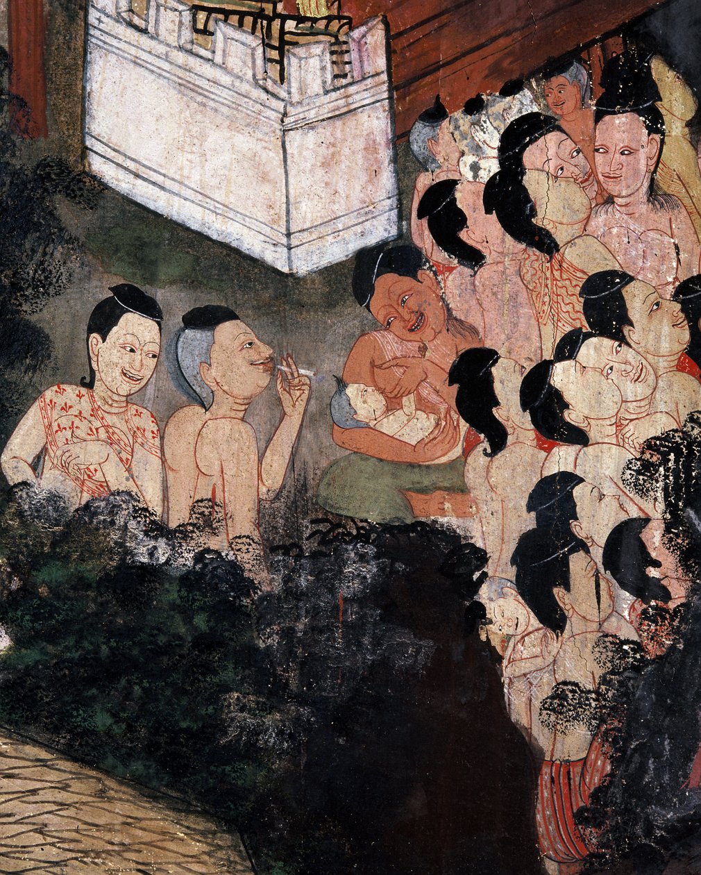 Temetésen színházi előadásokat néző tömeg (falfestmény) alkotó: Thai School