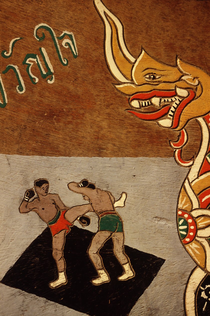 Dísz egy ökörkocsin, Muay Thait ábrázolva (festés fára) alkotó: Thai School