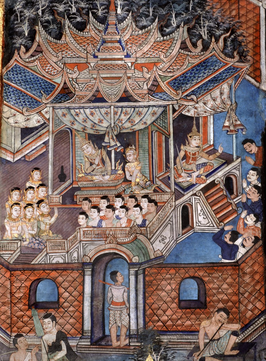 Részlet Viharn időkép falfestményéről, amely a Sang Thong Tales-t ábrázolja (falfestmény) alkotó: Thai School