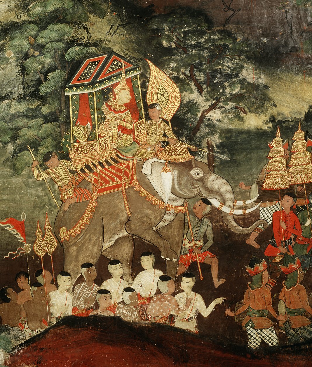 Vessantara király egy fehér elefánton találkozik a brahminokkal, jelenet a Vessantara Jataka című filmből, a 19. század elején (festett ruha) alkotó: Thai School