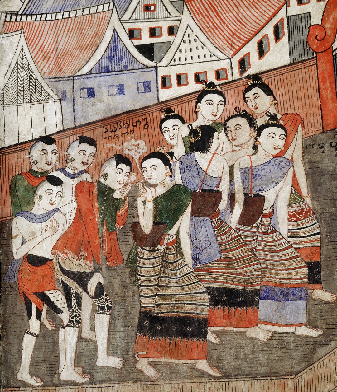 Dohányzó szerelmesek, részlet a Wat Phumin falfestményéről (falfestmény) alkotó: Thai School