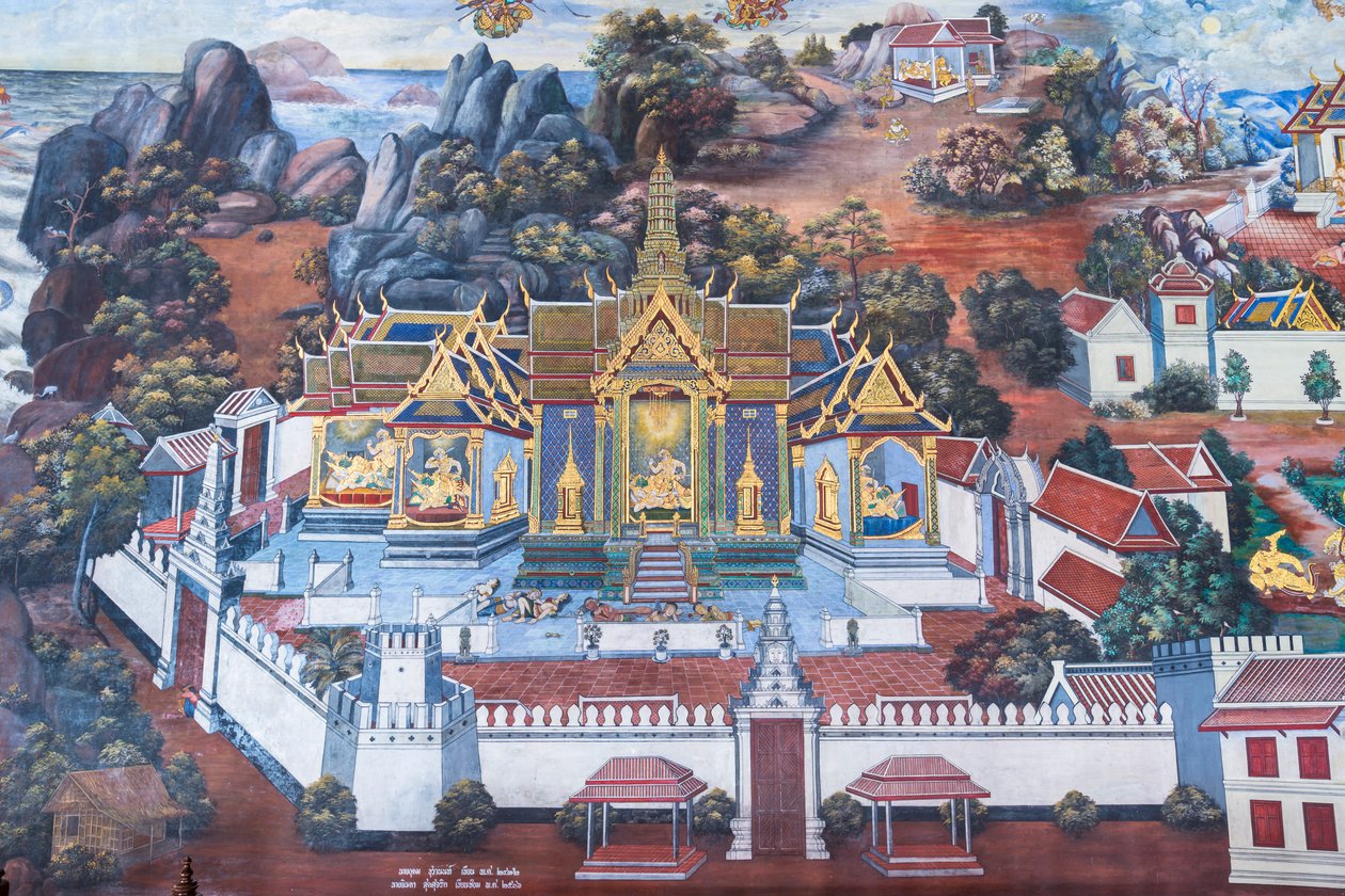 Falfestmény a Ramayana jeleneteit ábrázoló Wat Phra Kaeo-ban, a Királyi Nagy Palota, Bangkok, Thaiföld alkotó: Thai School