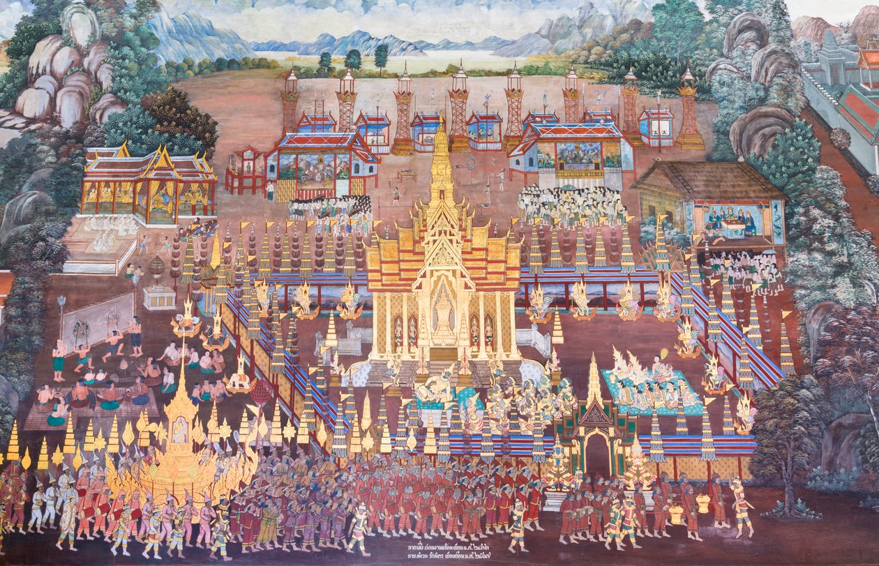 Falfestmény a Ramayana jeleneteit ábrázoló Wat Phra Kaeo-ban, a Királyi Nagy Palota, Bangkok, Thaiföld alkotó: Thai School
