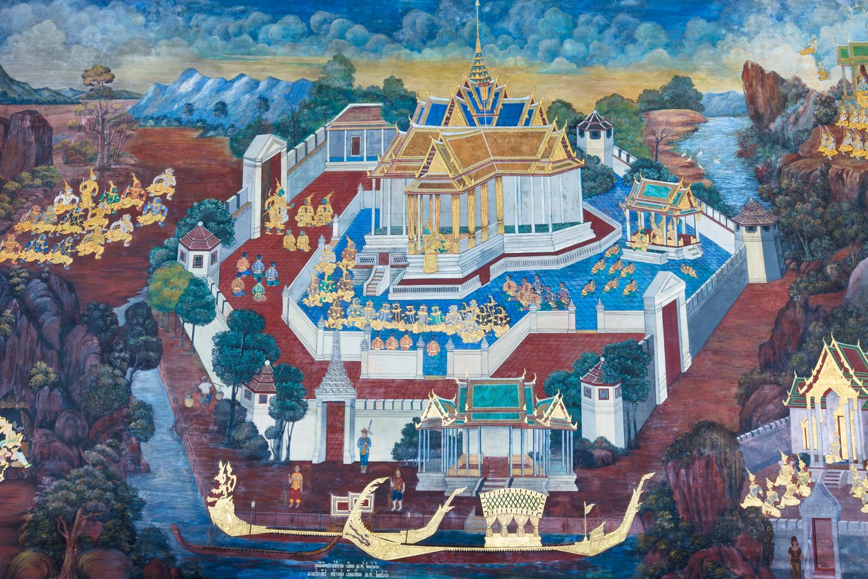 Falfestmény a Ramayana jeleneteit ábrázoló Wat Phra Kaeo-ban, a Királyi Nagy Palota, Bangkok, Thaiföld alkotó: Thai School