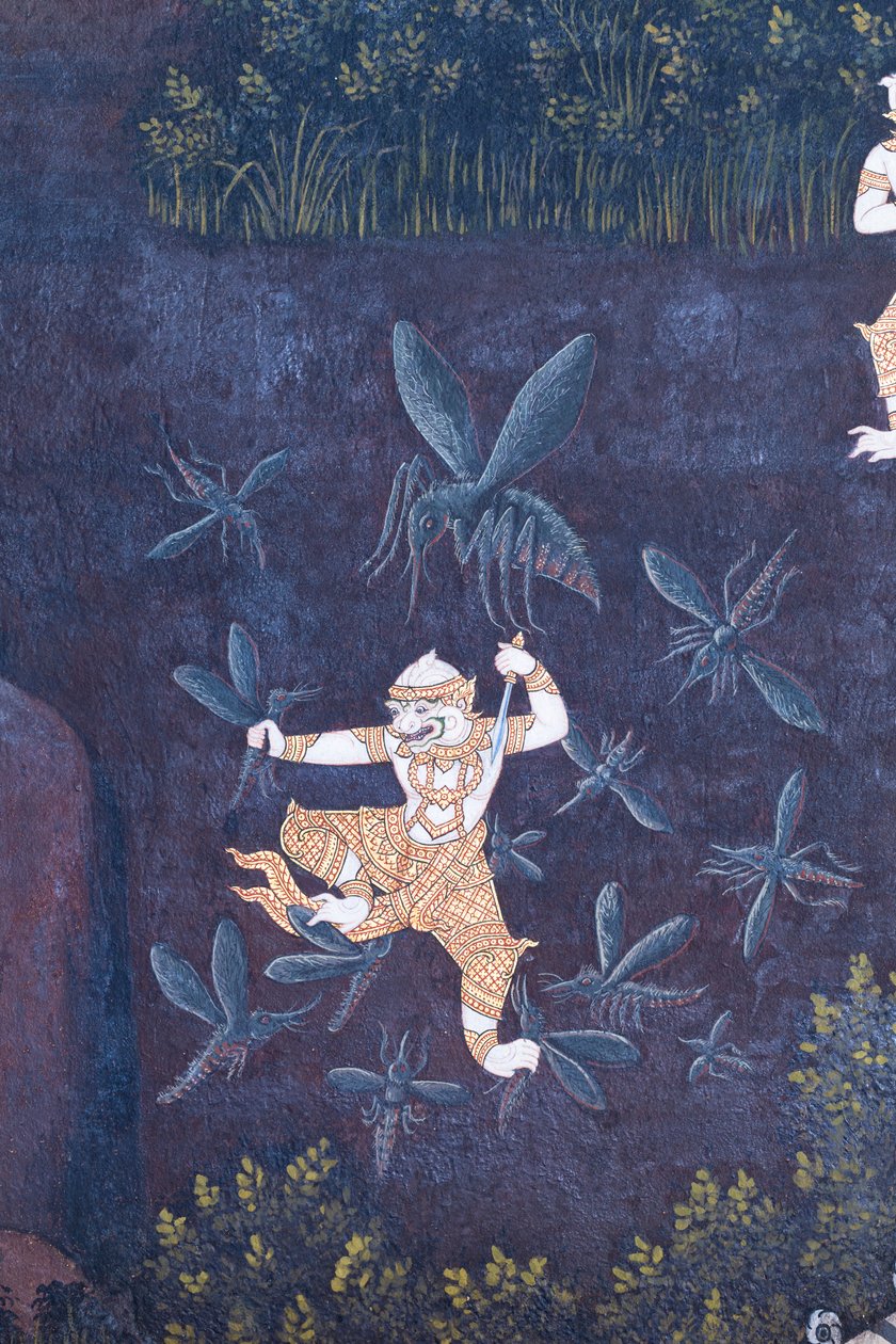 Falfestmény a Ramayana jeleneteit ábrázoló Wat Phra Kaeo-ban, a Királyi Nagy Palota, Bangkok, Thaiföld alkotó: Thai School