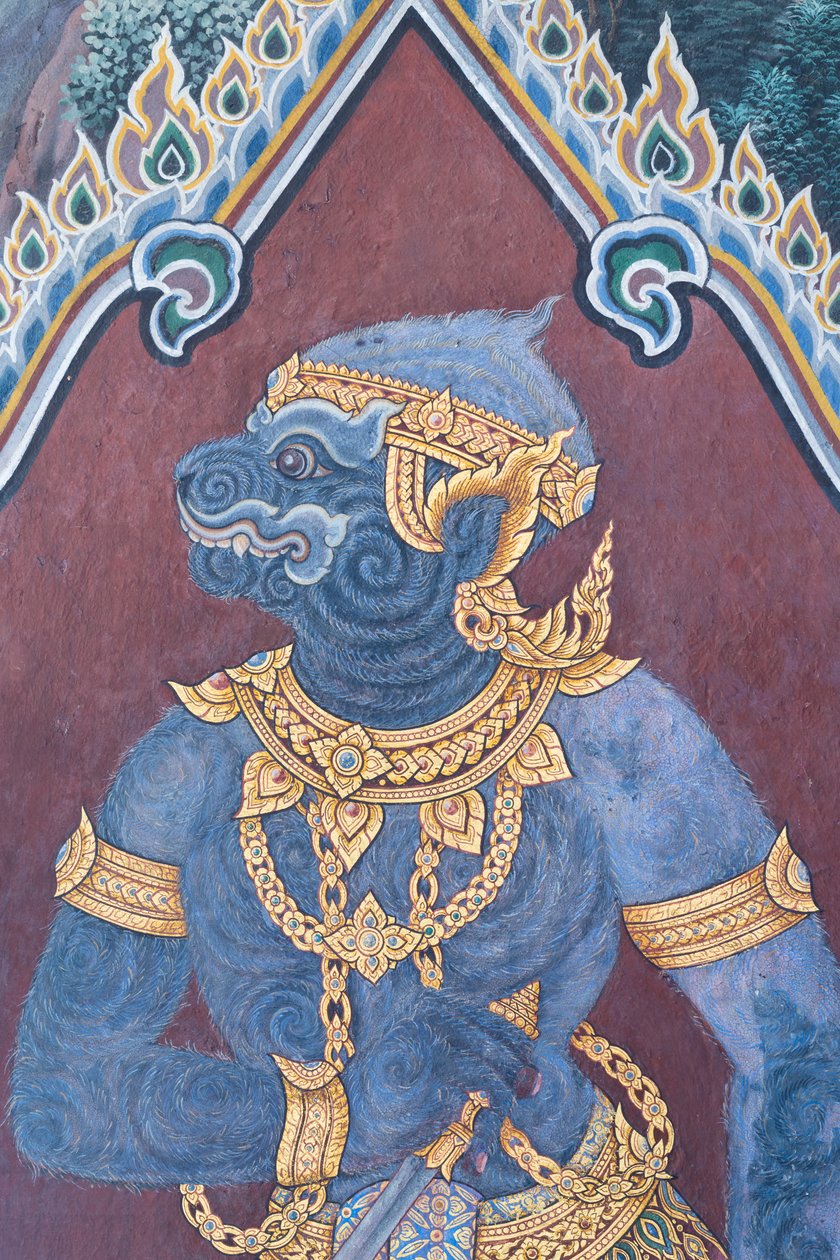 Falfestmény a Ramayana jeleneteit ábrázoló Wat Phra Kaeo-ban, a Királyi Nagy Palota, Bangkok, Thaiföld alkotó: Thai School