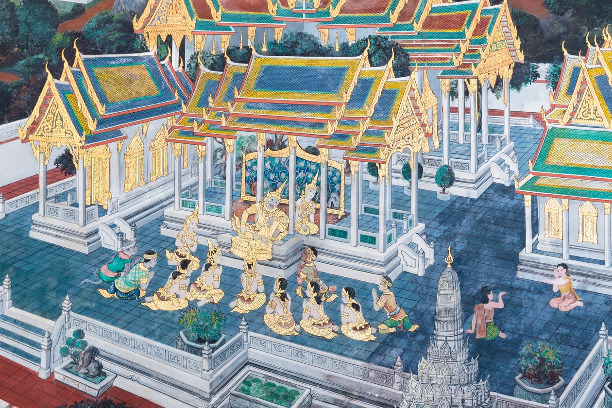 Falfestmény a Ramayana jeleneteit ábrázoló Wat Phra Kaeo-ban, a Királyi Nagy Palota, Bangkok, Thaiföld alkotó: Thai School