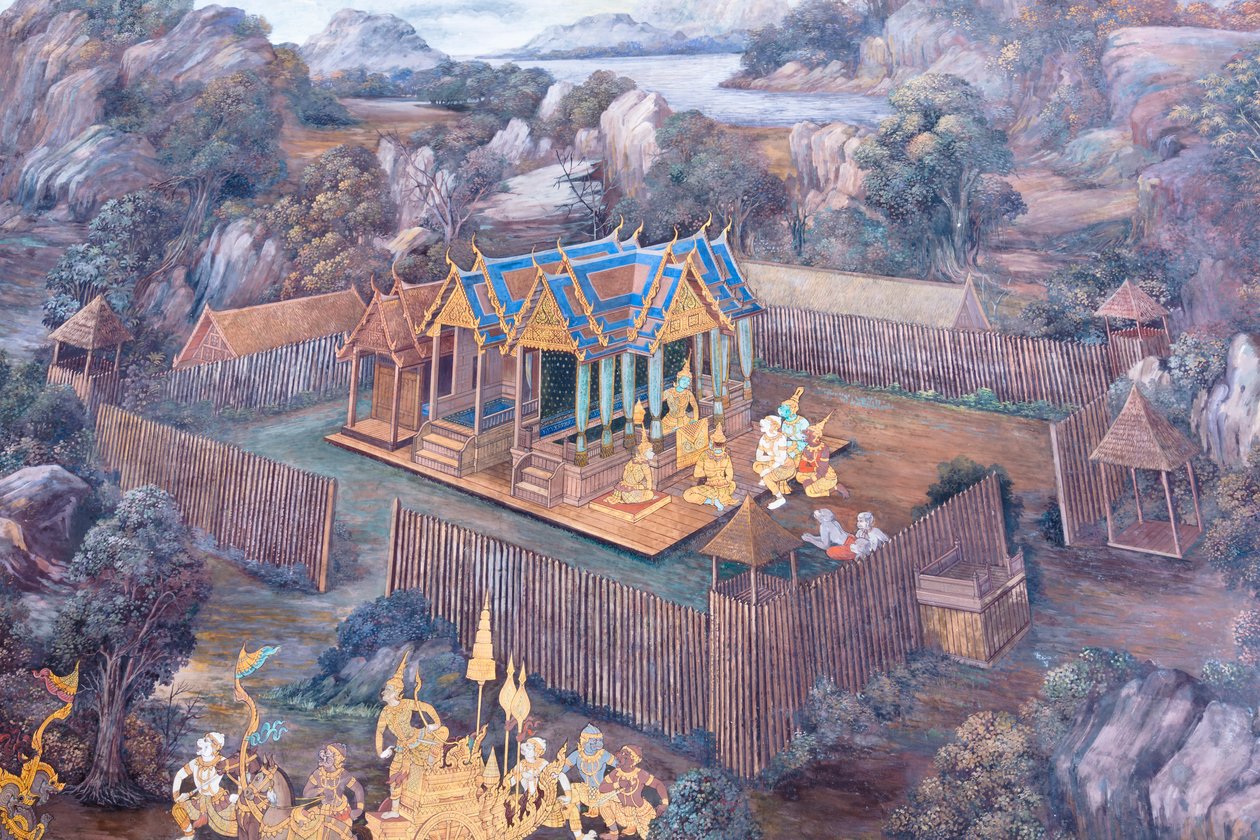Falfestmény a Ramayana jeleneteit ábrázoló Wat Phra Kaeo-ban, a Királyi Nagy Palota, Bangkok, Thaiföld alkotó: Thai School