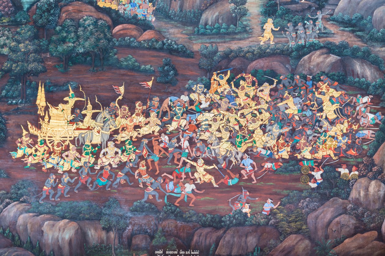 Falfestmény a Ramayana jeleneteit ábrázoló Wat Phra Kaeo-ban, a Királyi Nagy Palota, Bangkok, Thaiföld alkotó: Thai School